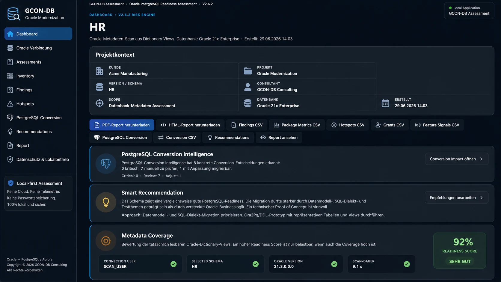 GCON-DB Assessment Dashboard als lokale Oracle PostgreSQL Readiness Analyse
